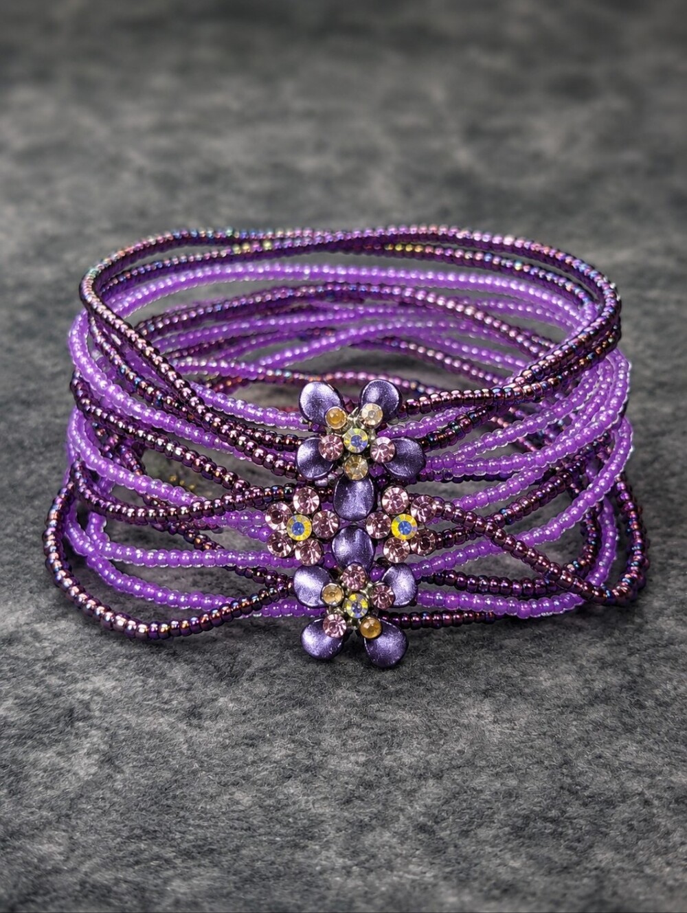 Vintage Purple Seed Bead Memory Wire Cuff Bracelet Rhinestone Floral Y2K Boho CC